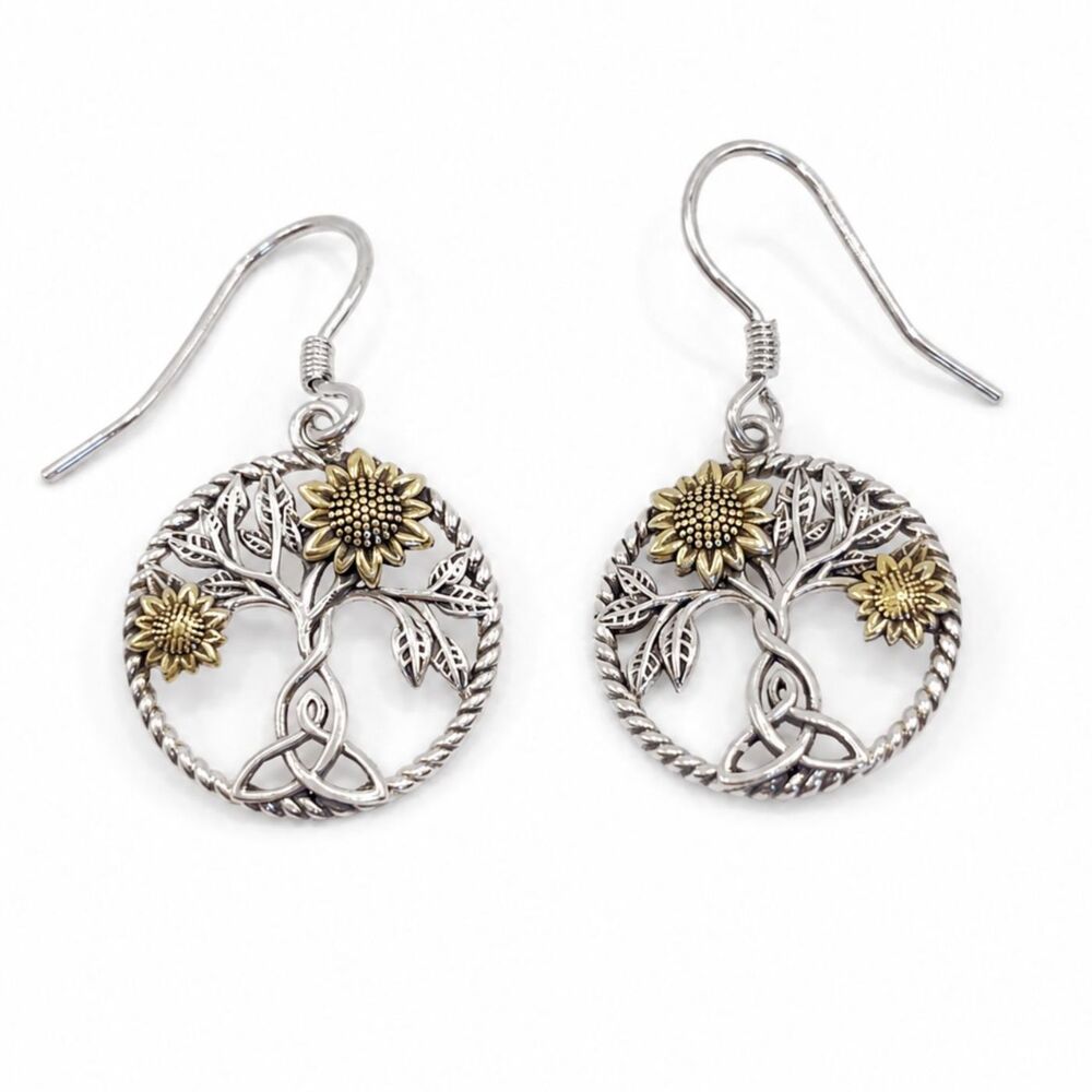 Sterling Silver 925 Sunflower Tree of Life Celtic Knot Dangle Earrings